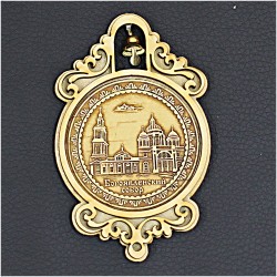 Магнит из бересты круг с колокольчиком "Богоявленский собор". Москва