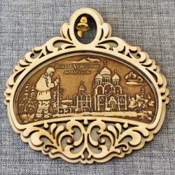 Магнит из бересты полукруг с колокольчиком "Николо-Угрешский монастырь+паломник". Москва