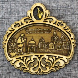 Магнит из бересты полукруг с колокольчиком "Успенский Орловский мужской монастырь+монах"