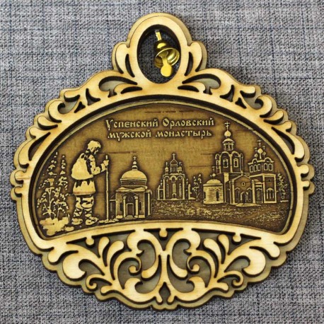 Магнит из бересты полукруг с колокольчиком "Успенский Орловский мужской монастырь+монах"