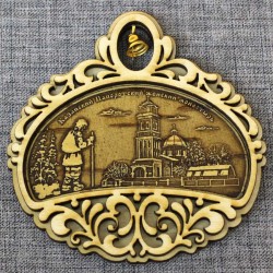Магнит из бересты полукруг с колокольчиком "Казанский Папоротский женский монастырь+монах"