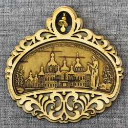 Магнит из бересты полукруг с колокольчиком "Храм в ч.Казанской иконы БМ"+монах