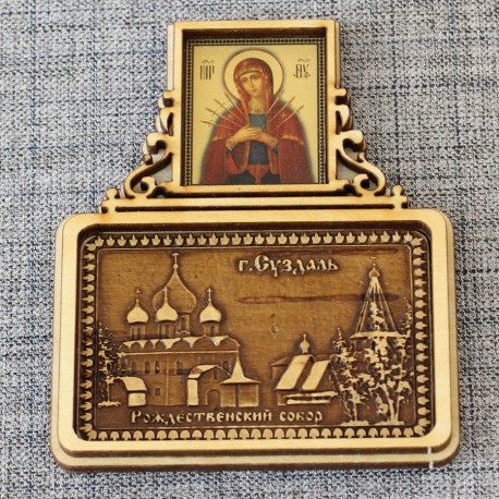 Магнит из бересты прямоугольный икона (Семистрельная)"Рождественский собор"