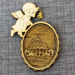 Магнит из бересты ангел с колокольчиком "Покровский монастырь"