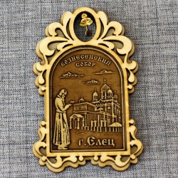 Магнит из бересты арка с колокольчиком "Вознесенский собор+монах" Елец