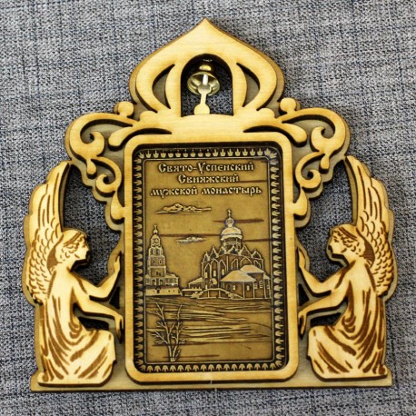 Магнит из бересты прямоугольный ангелы с колокольчиком "Свято-Успенский Свияжский мужской монастырь