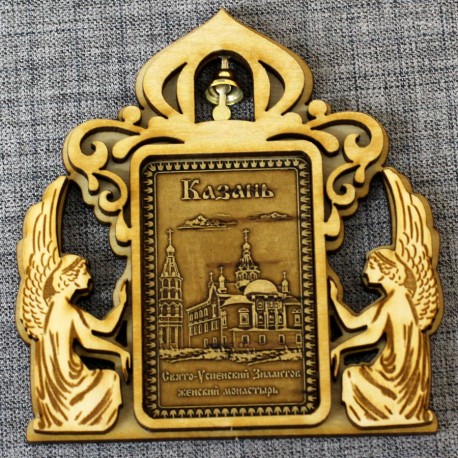 Магнит из бересты прямоугольный ангелы с колокольчиком "Свято-Успенский Зилантов женский монастырь"