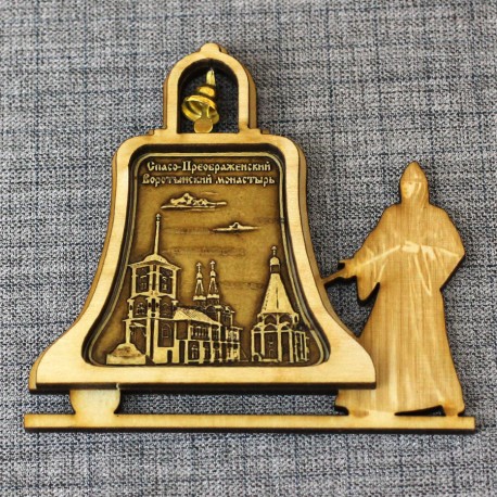 Магнит из бересты монашка с колоколом "Спао-Преображенский Воротынский монастырь"