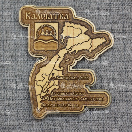 Магнит из бересты с золотом резной"Карта+герб"Камчатка