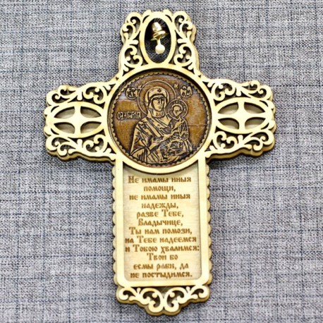 Магнит из бересты крест с колокольчиком "Смоленская икона БМ "Одигитрия"