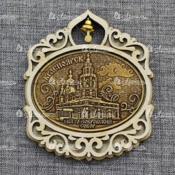 Магнит из бересты овал гориз с колокольчиком "Покровская церковь" Красноярск