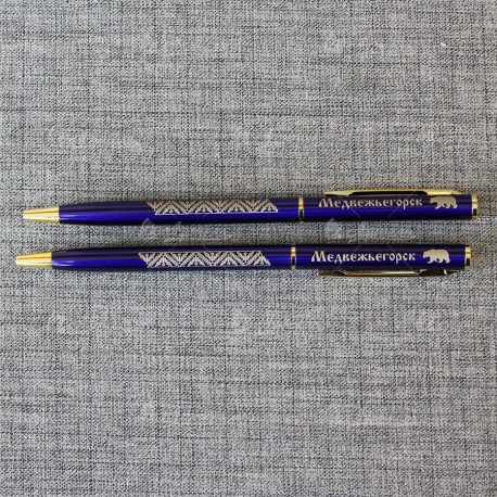 Ручка металлическая синяя орнамент "Медвежьегорск" медведь