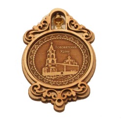 Магнит из бересты круг с колокольчиком "Всесвятский Храм" Железногорск